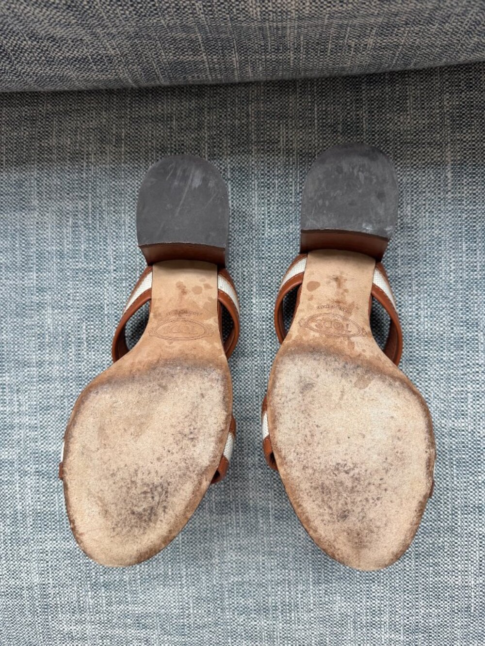 Tod's Double T Heeled Sandal | Brown Leather & Ivory White Canvas | Size 36 6 - Picture 9 of 10